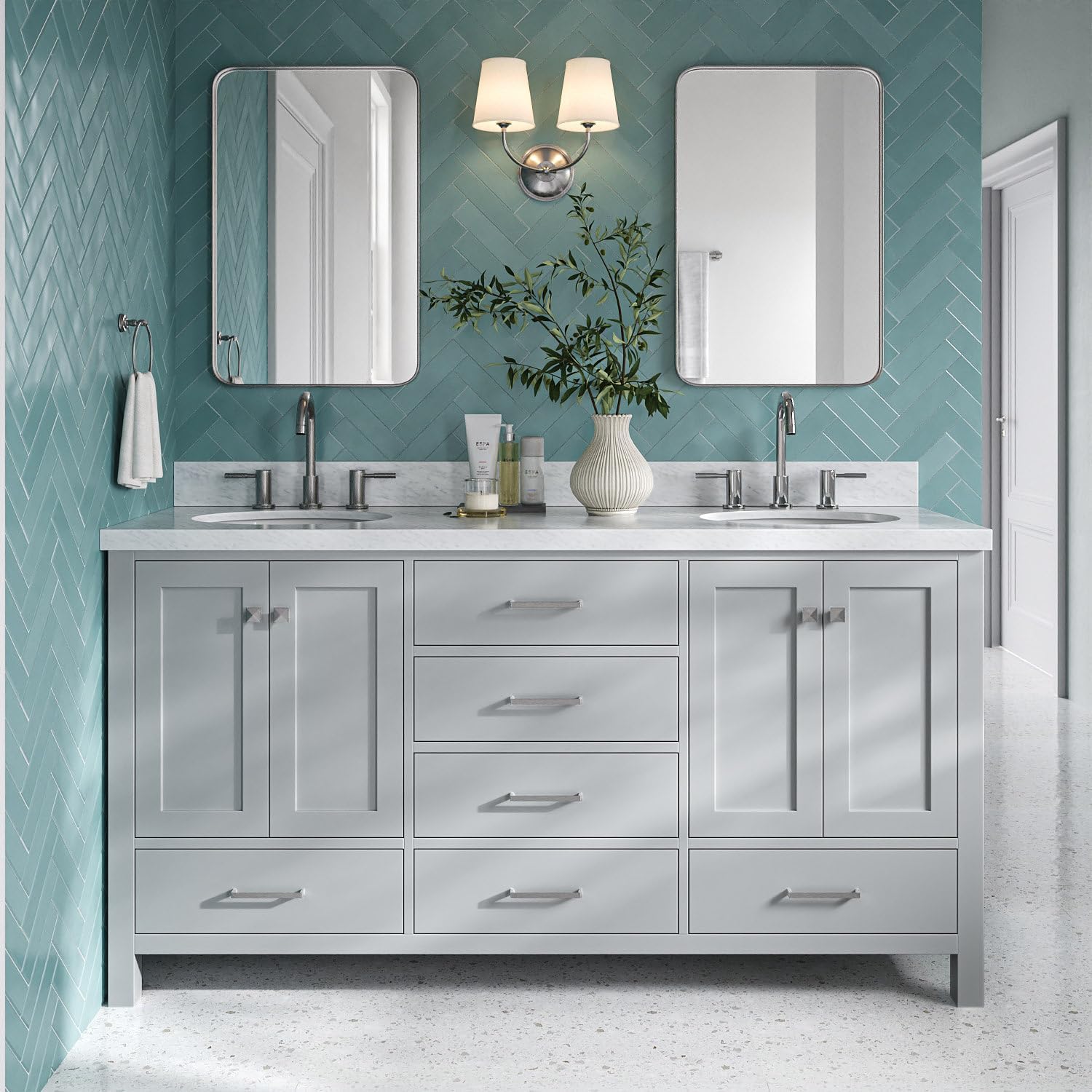 DKB Beckford 67-Inch Grey Double Bathroom Vanity, 1.5-Inch Italian Carrara Marble Countertop & Backsplash, 2 Oval Sinks, 4 Soft Closing Shaker Doors, 6 Dovetail Drawers, Brushed Nickel