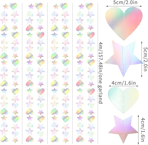 Miniatura 2 de Guirnalda holográfica de discoteca iridiscente, diseño de corazón de estrella, 52 pies de neón para colgar en papel para boda, cumpleaños, despedida