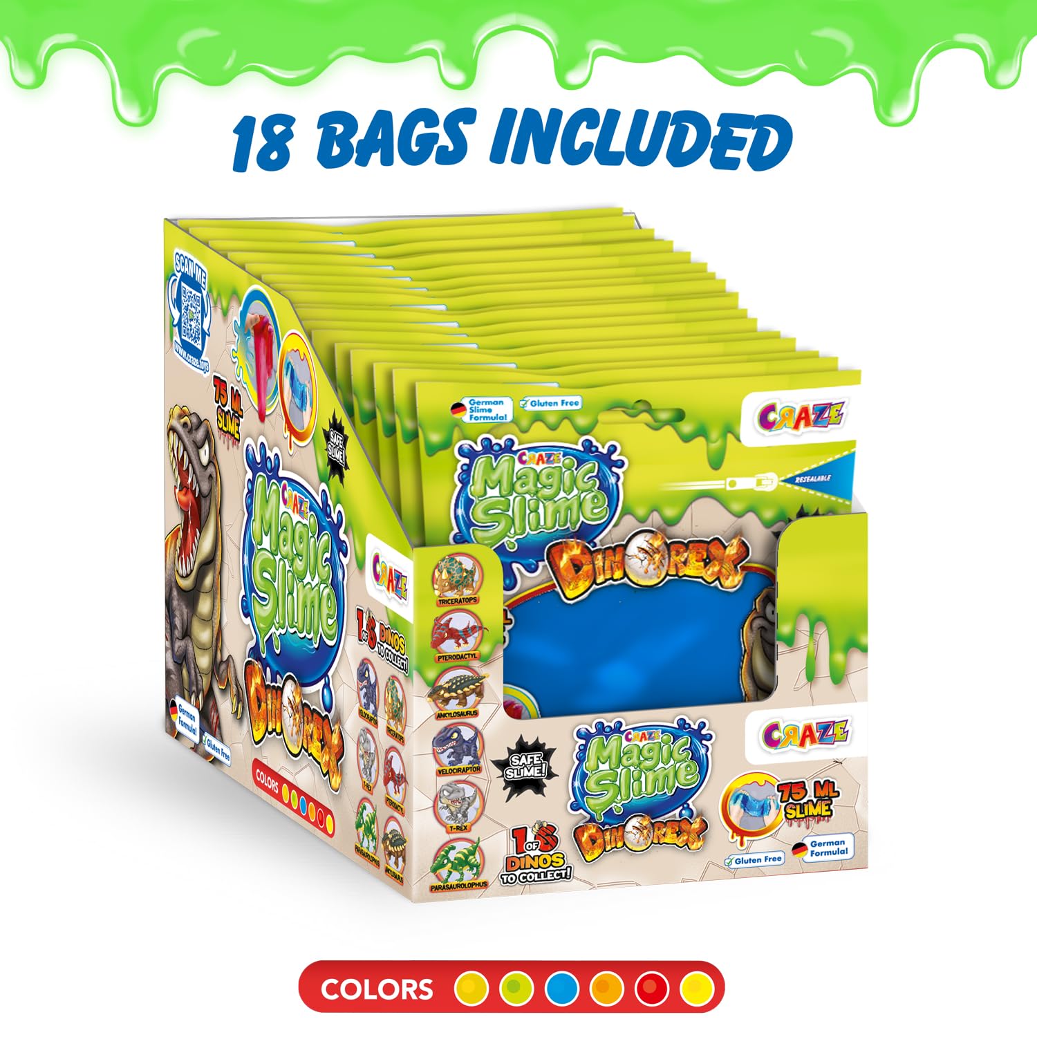 CRAZE Magic Slime 18 Foil Bag confezione di 75ml, include 1 statuina di Dinorex, Borsa di slime per bambini, Slime magico in una borsa Assortito