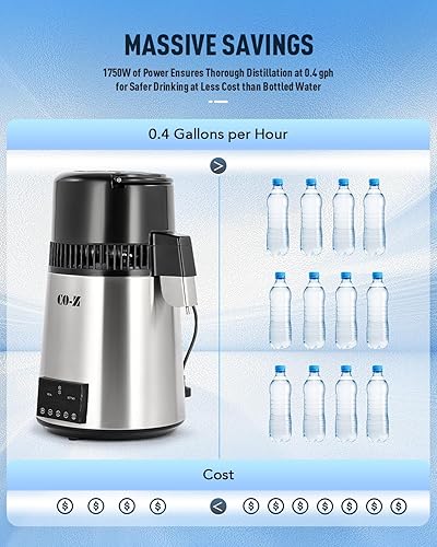 Miniatura 4 de CO-Z Destilador de agua de 1.1 galones, máquina de agua destilada de encimera de 1750 W con contenedor de vidrio, temporizador de visualización de