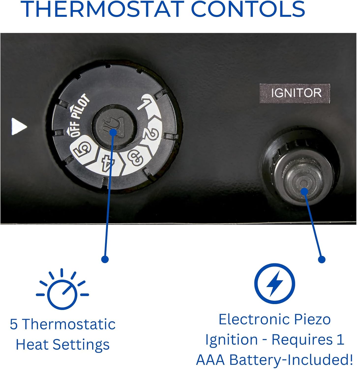 Close-up of the thermostat control knob and electronic Piezo ignition button on the Duluth Forge gas log set.