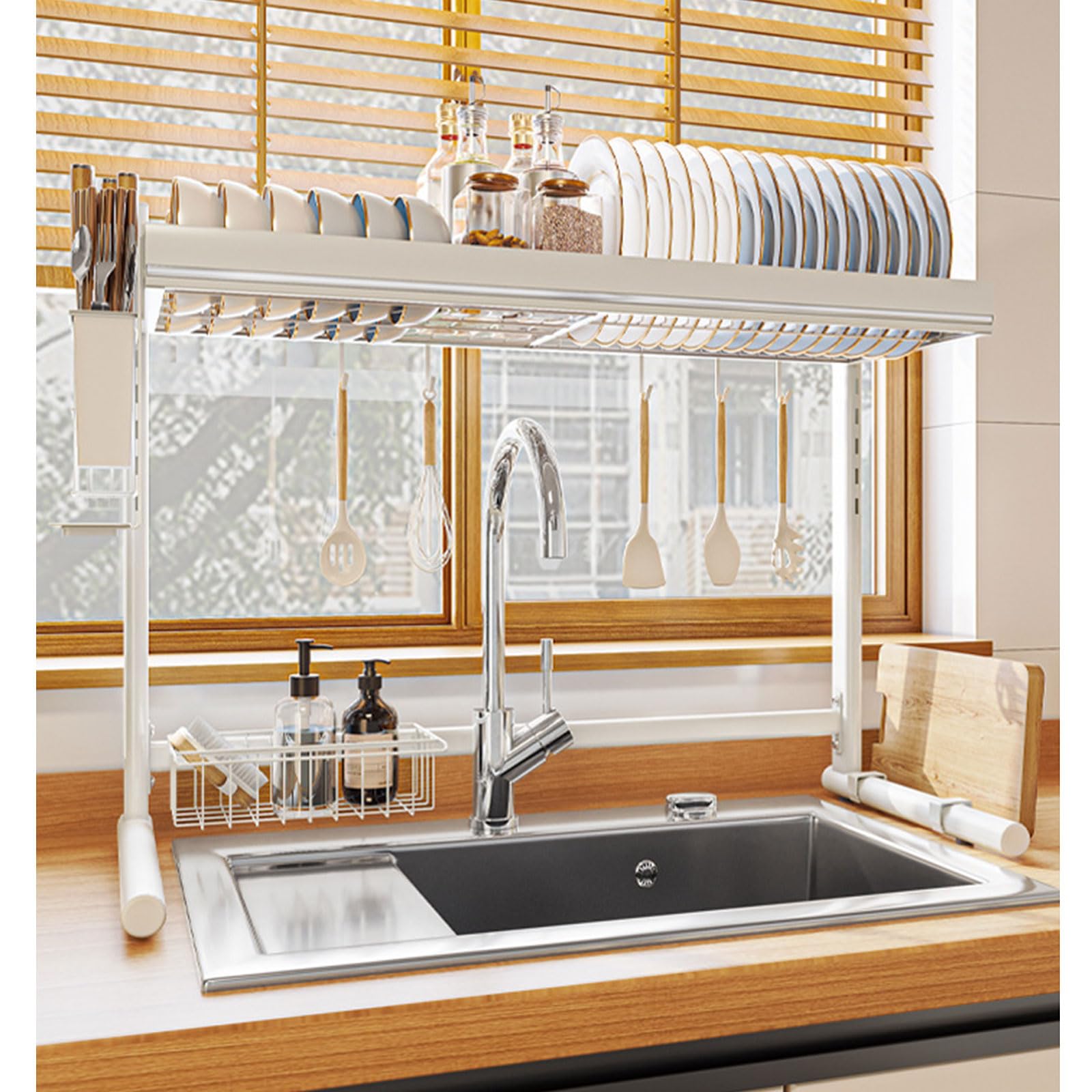 Escurridor de platos, organizador de acero inoxidable sobre fregadero, almacenamiento multifuncional que ahorra espacio para platos, vasos, cuencos y cubiertos, diseño compacto y duradero