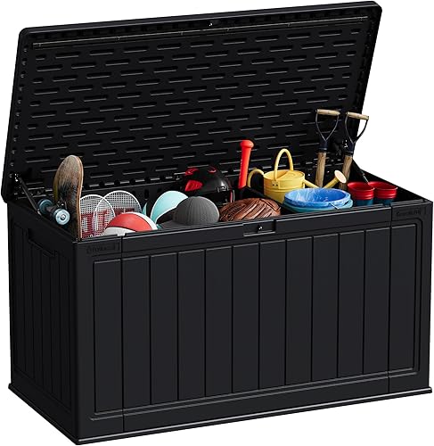 Vista 65 de Patiowell Caja de resina de 100 galones, caja de almacenamiento grande impermeable para muebles de patio y herramientas de jardín, color negro