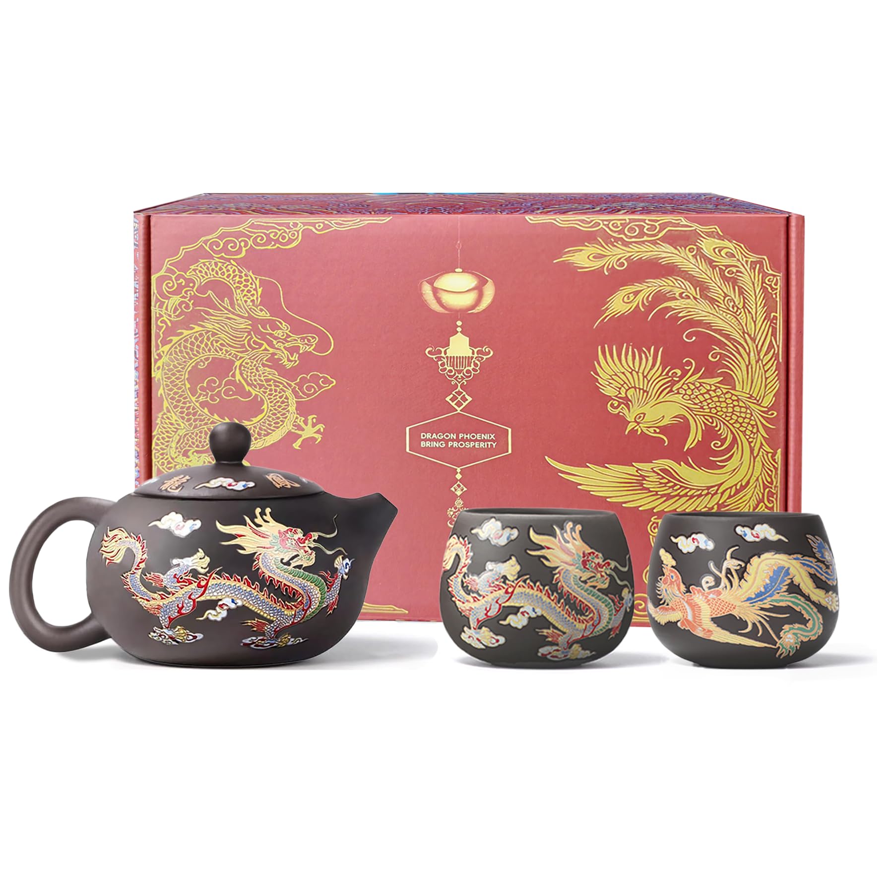Hand-made Dragon and Phoenix Color-changing Purple Clay Teapot Zisha Tea Pot Kung Fu Tea Set Tea Lover‘s Gift (Teapot+2*Cups)