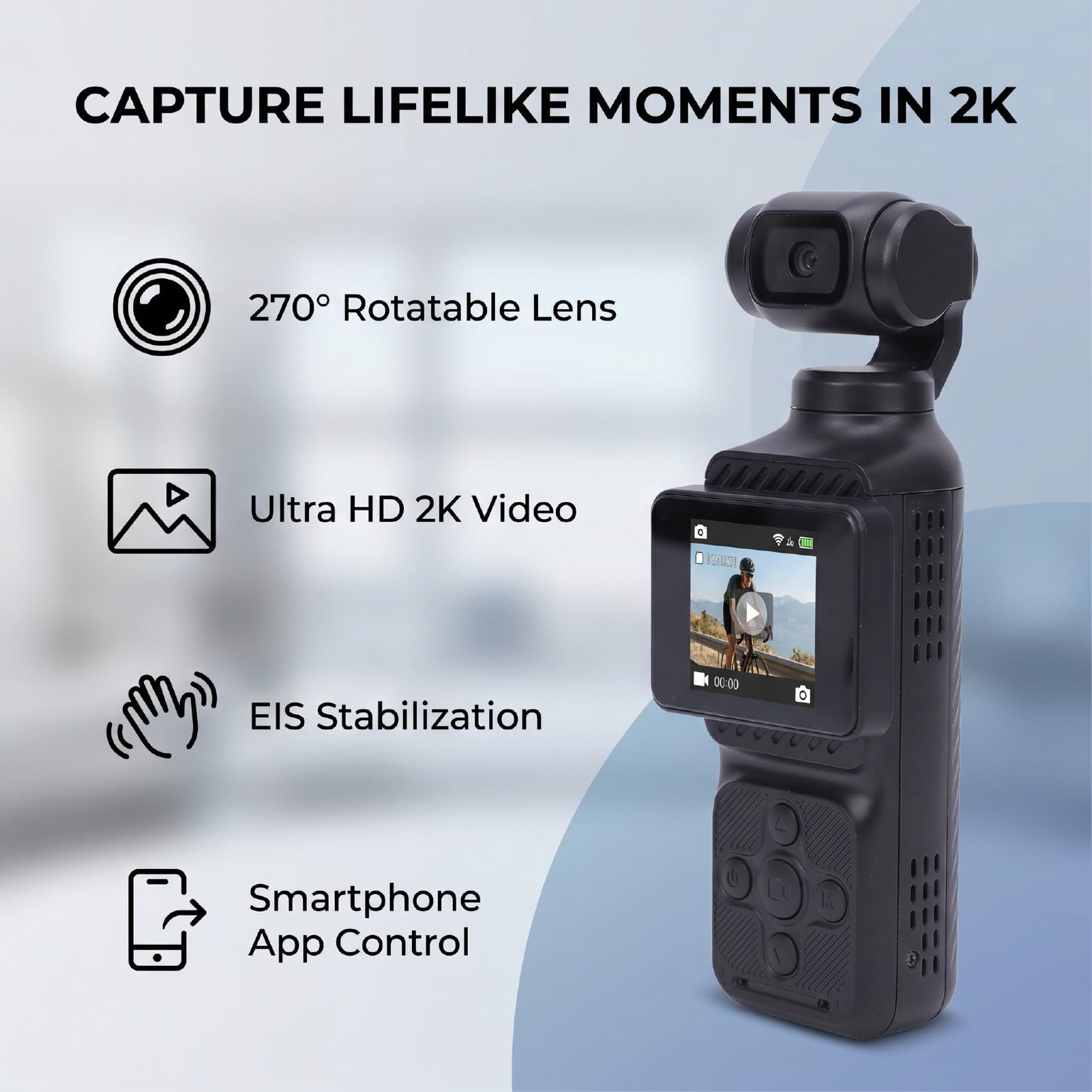 Sxhlseller Videocamera Portatile POV con Obiettivo Ruotabile 2K | Videoregistratore Portatile, Stabilizzazione Elettronica, Registrazione di Vlog di Viaggio, Action Cam