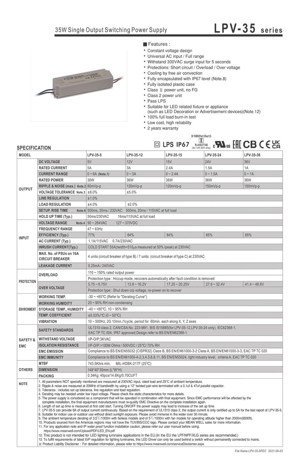 Driver da 60 W, 100 W, 150 W, 5 V, 12 V, 15 V, 24 V, 36 V, 48 V, 20 W, 35 W, Alimentatore a Uscita Singola(36V)