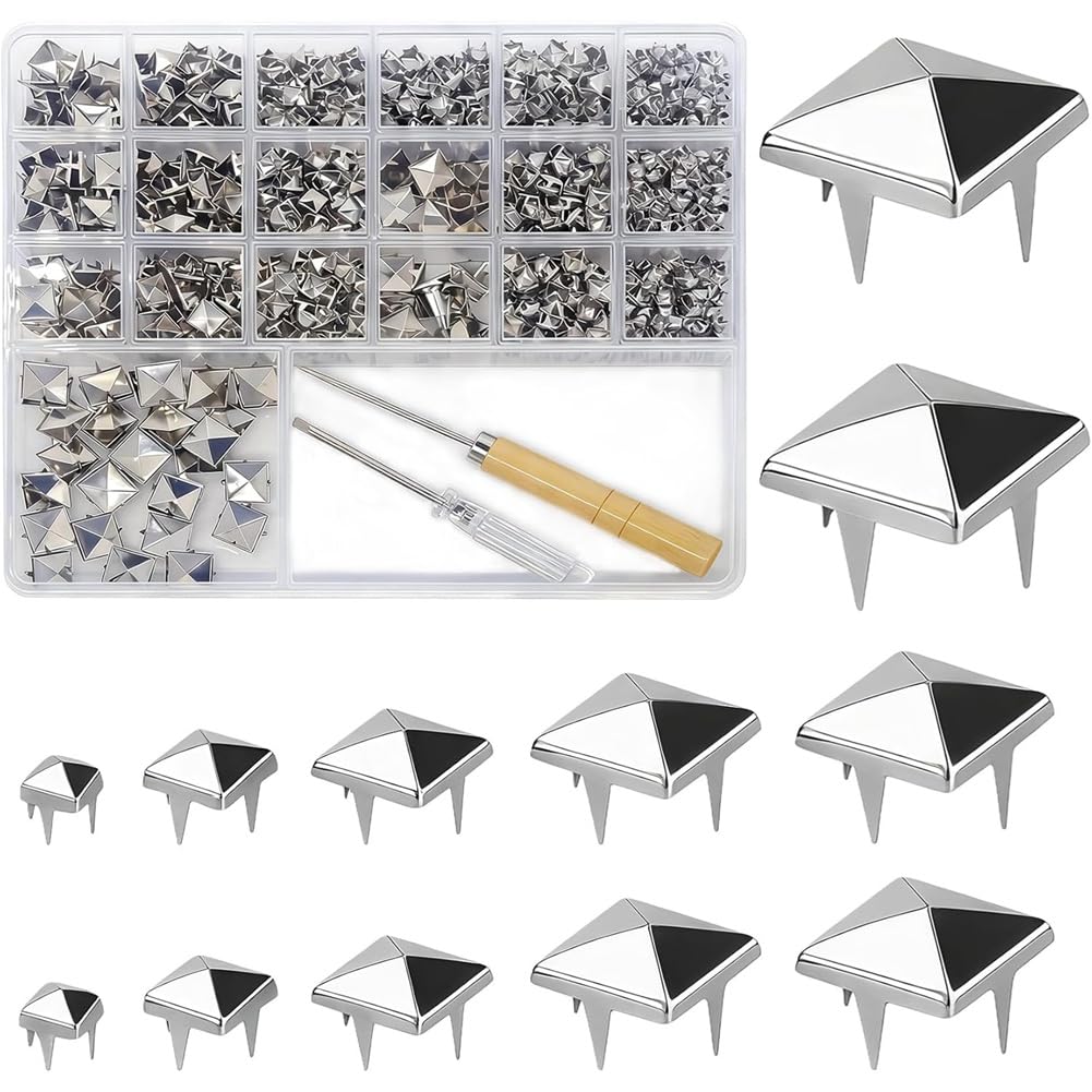 UDSKNV[KSL Silver for Clothing Studs:Pyramid Shape 1222PCS 4-Prong Square Metal Kit Assorted Sizes for Crafts Punk Spike Rivets