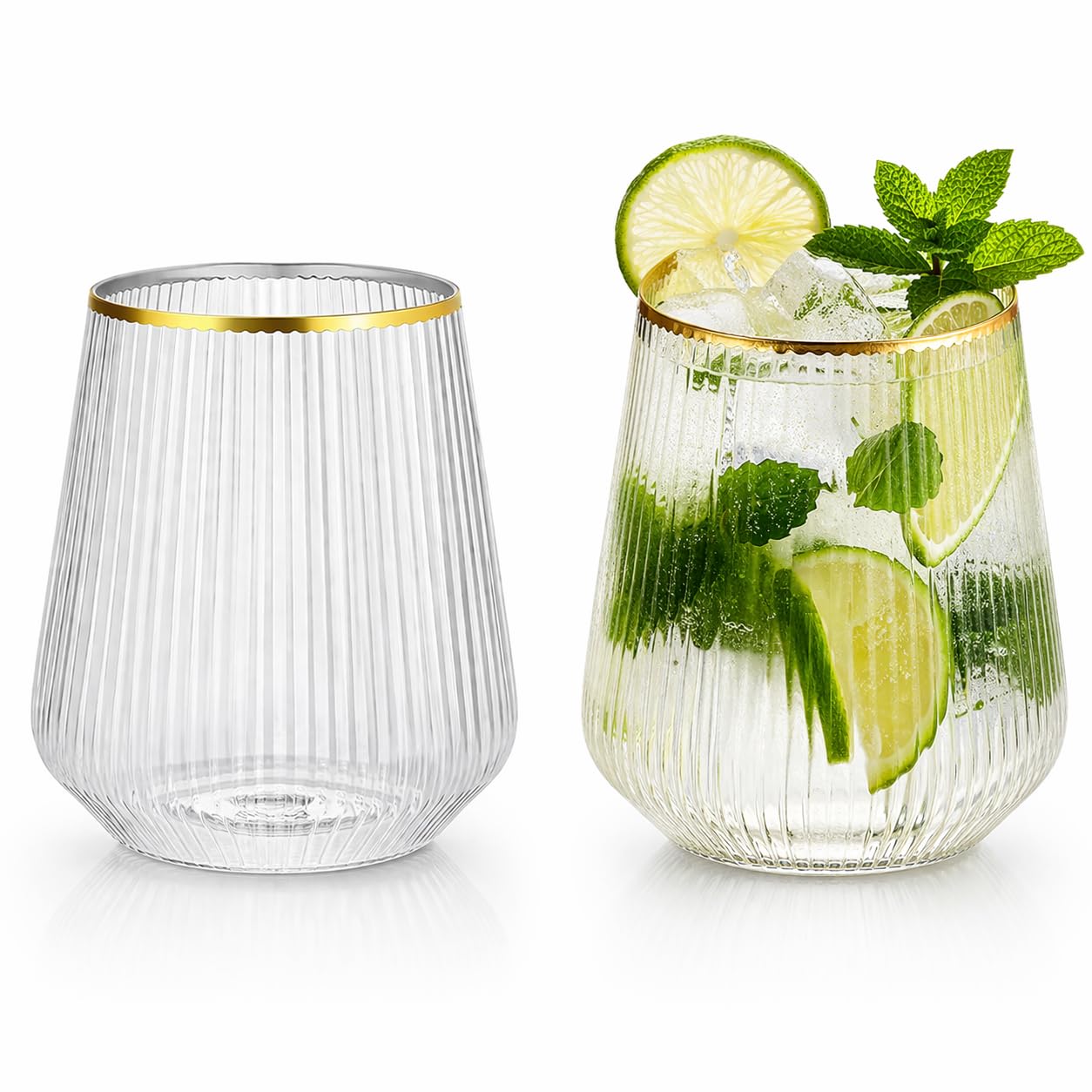 40 Pack 12oz Ribbed Gold Rim Disposable Wine Glasses, Plastic Cocktail Cup