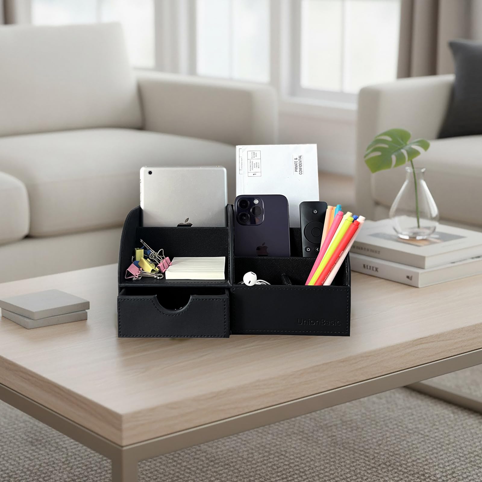 UnionBasic Multifunktions-Schreibtisch Organzer für Büro aus Kunstleder zur Aufbewahrung von Visitenkarten, Stiften, Handy, Büroartikeln, Aufbewahrungsbox Modern schwarz