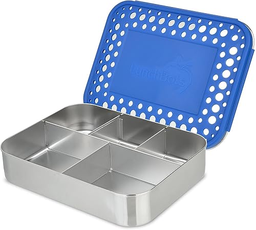 Contenedor de comida con 5 secciones LunchBots Bento, de acero inoxidable, grande, para niños y adultos., Azul (Blue Dogs)