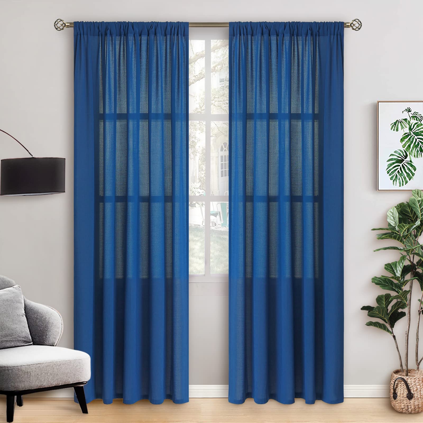BGment Linen Look Semi Sheer Curtains 95 Inch for Living Room, Rod Pocket Privacy Light Filtering Sheer Window Curtains for Bedroom, Opaque Sheer Curtains 2 Panels, Each 52 x 95 Inch, Navy