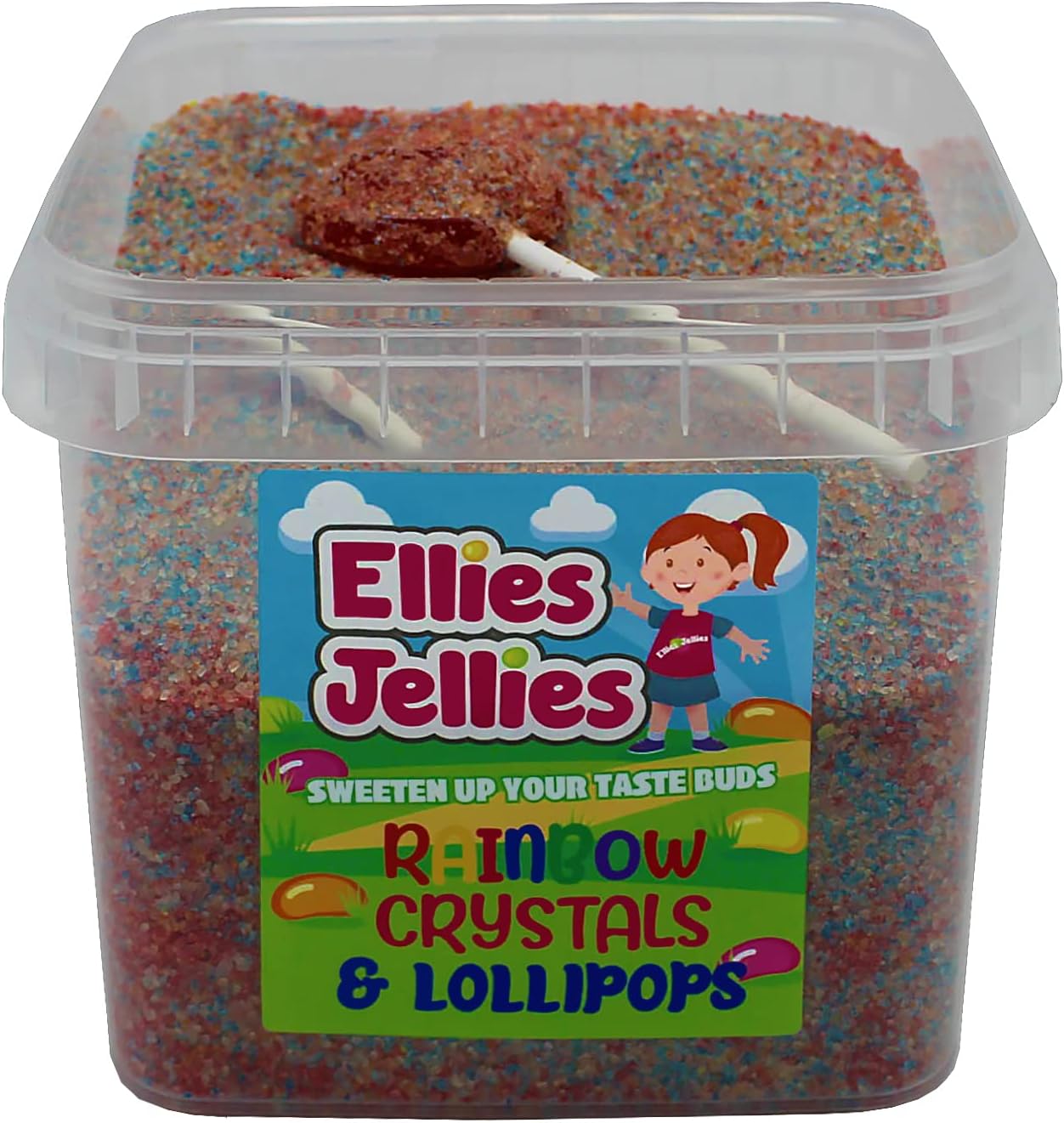 Ellies Jellies Rainbow Crystal & Lollipops 676g Square Tub, Sherbet, Fruit Flavoured, Multi-Coloured, Crystal, Perfect for ice-cream, Mega Lollipop