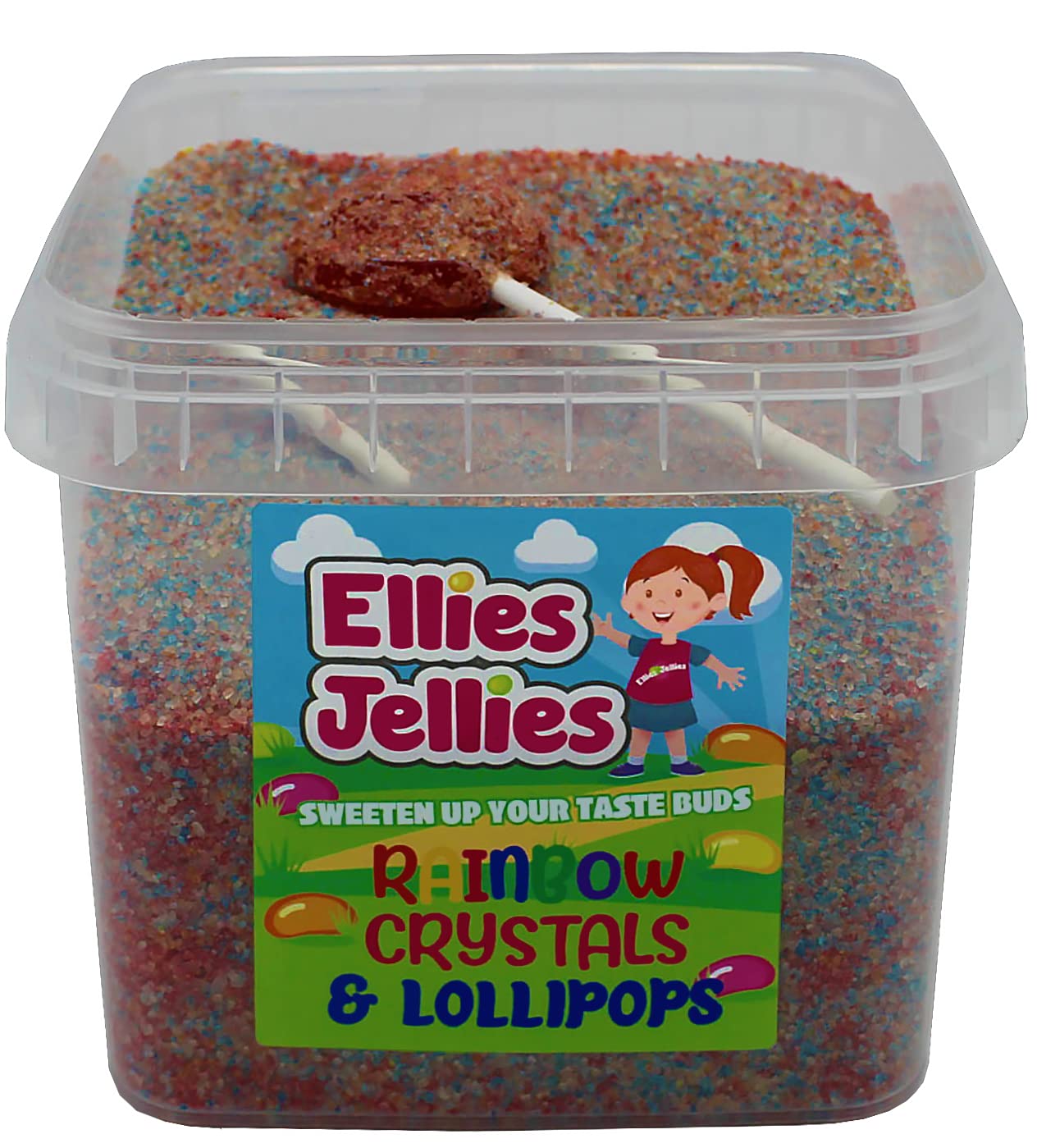 Ellies Jellies Rainbow Crystal & Lollipops 676g Square Tub, Sherbet, Fruit Flavoured, Multi-Coloured, Crystal, Perfect for ice-cream, Mega Lollipop