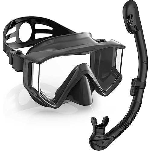 Greatever Snorkel Set Pano 3 Window Snorkel Mask Adult, Panoramic Wide View, Anti-Fog Scuba Diving Mask, Anti-Leak Snorkel Goggles Dry Top Snorkel, Professional Snorkeling Gear for Adults