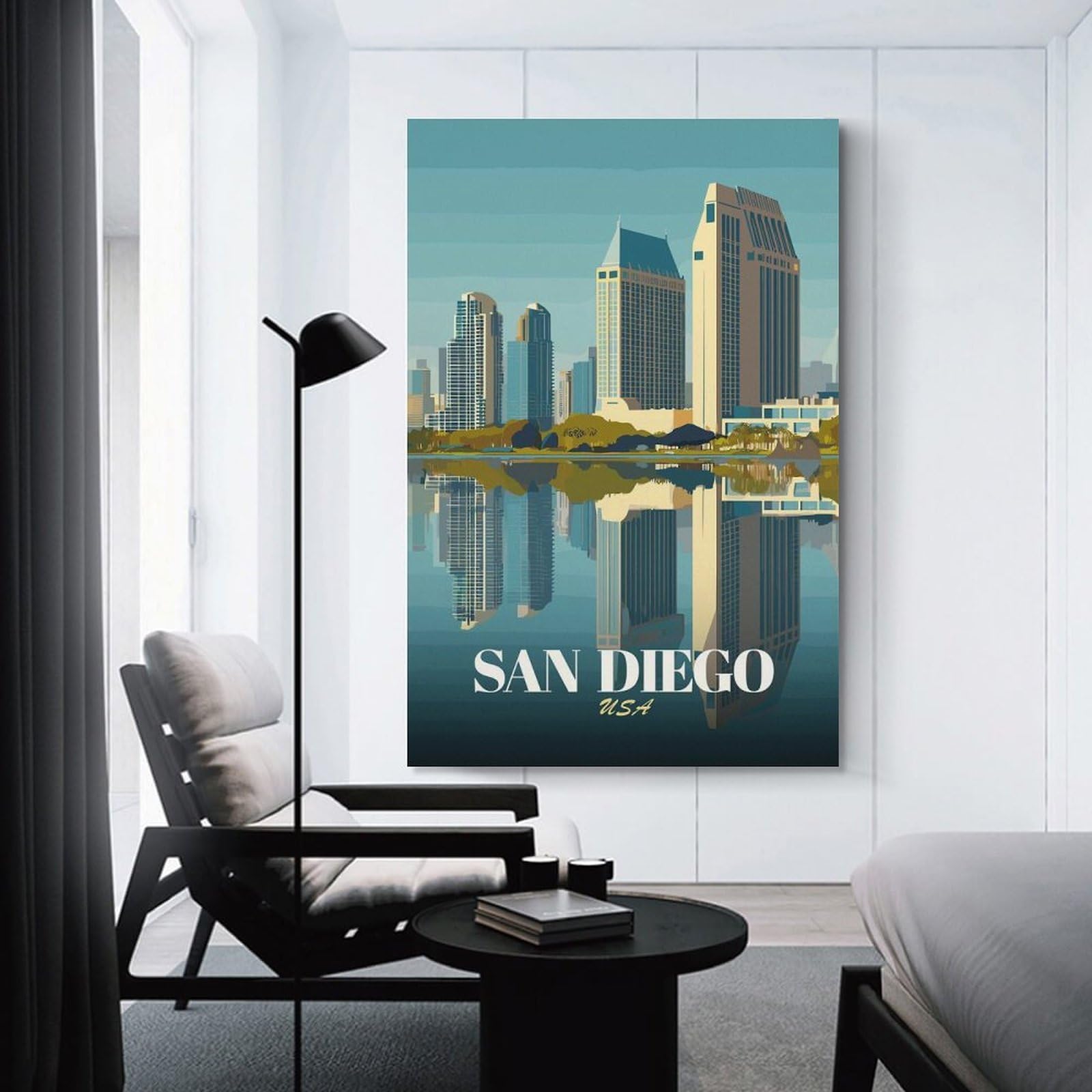 Junmoney Canvas Wall Art San Diego Skyline Reflection, 20x30inch(50x75cm), for Corridors, Hallways Or Apartment Entries, Decorative Canvas Styling for Entry Areas