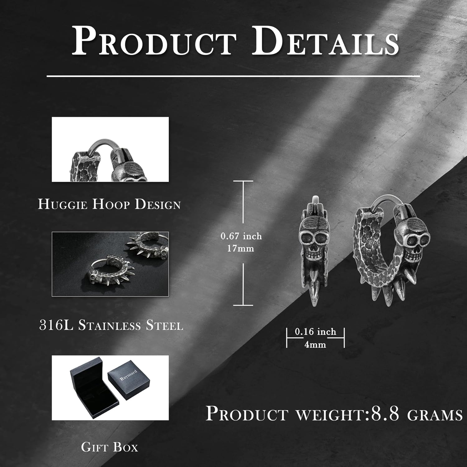 Vintage Skull Hoop Earrings for Men, Stainless Steel Punk Spike Skeleton Huggie Earrings - Image 6