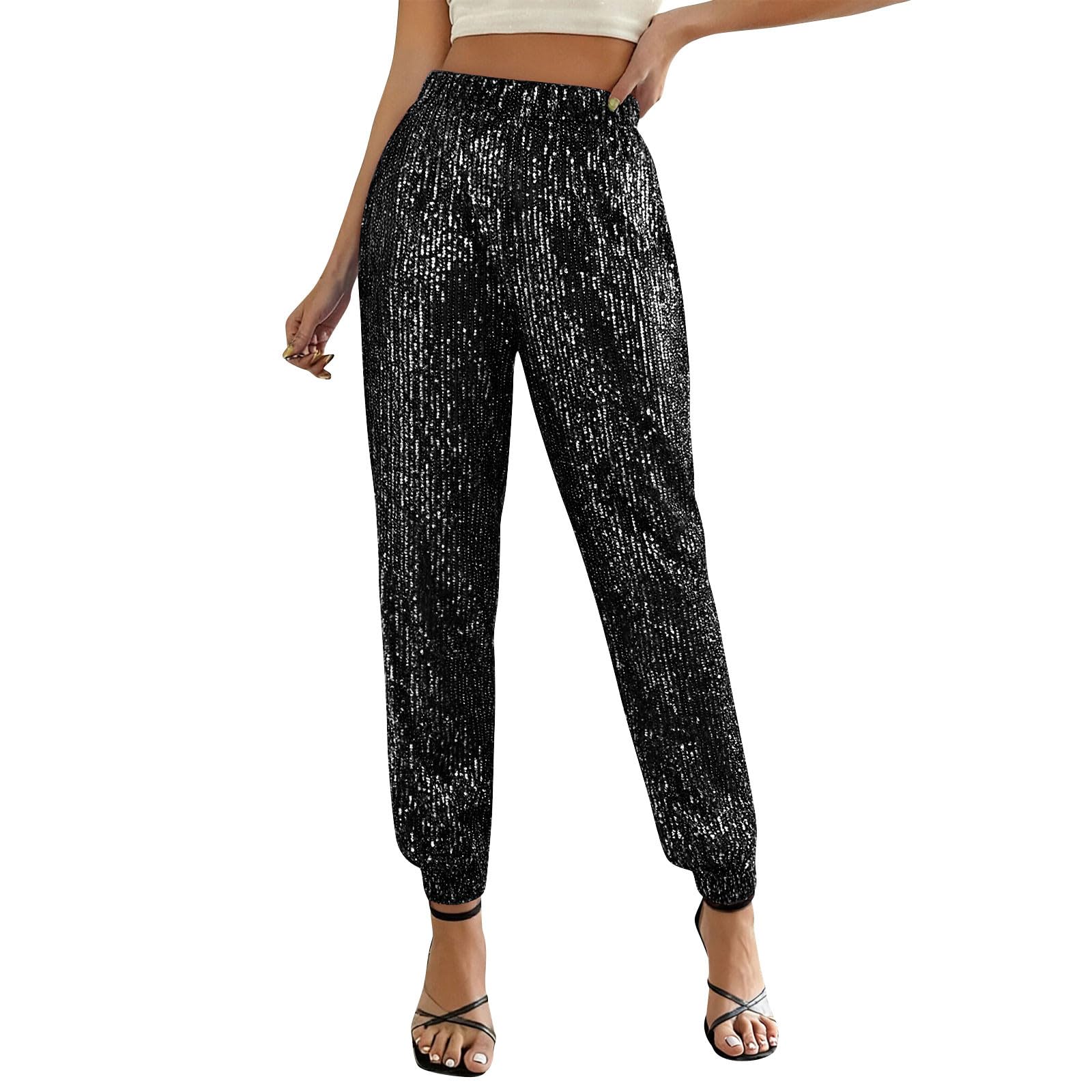Sparkly Pants for Women Elastic High Waisted Shiny Sequin Trousers Casual Loose Long Pencil Pant Holiday Outfits