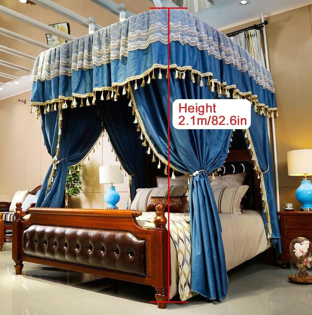 Elegant Bed Canopy Curtains Set, Privacy Bed Canopy with U-Shaped Stainless Steel Frame, Bedroom Canopy Curtains, Bedroom Decoration(Blue,W78.7 x L86.6in)