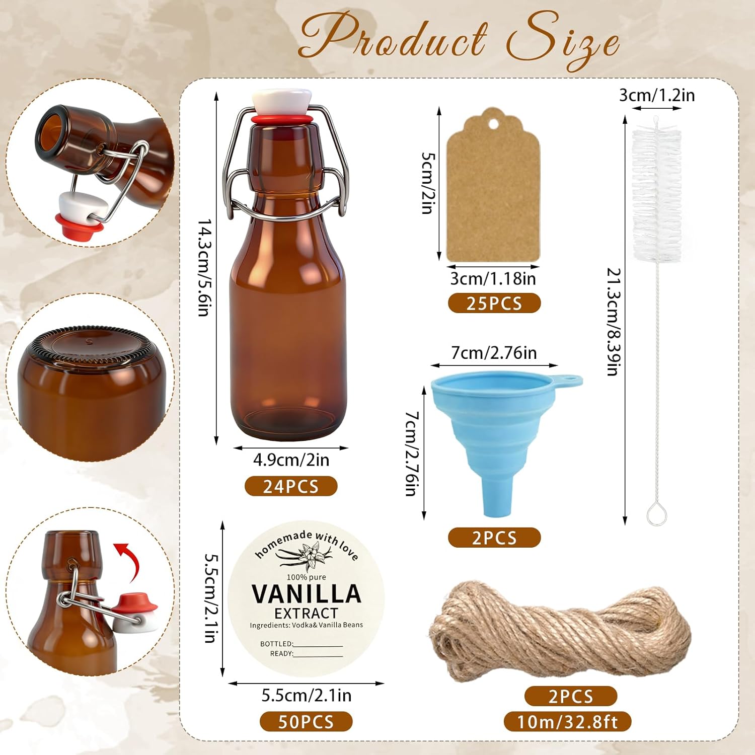 24 Sets Swing Top Glass Bottles Set 4 Oz Vanilla Extract Bottles Amber Homemade Vanilla Extract Jars for Weddings Family Gatherings Christmas DIY Crafts