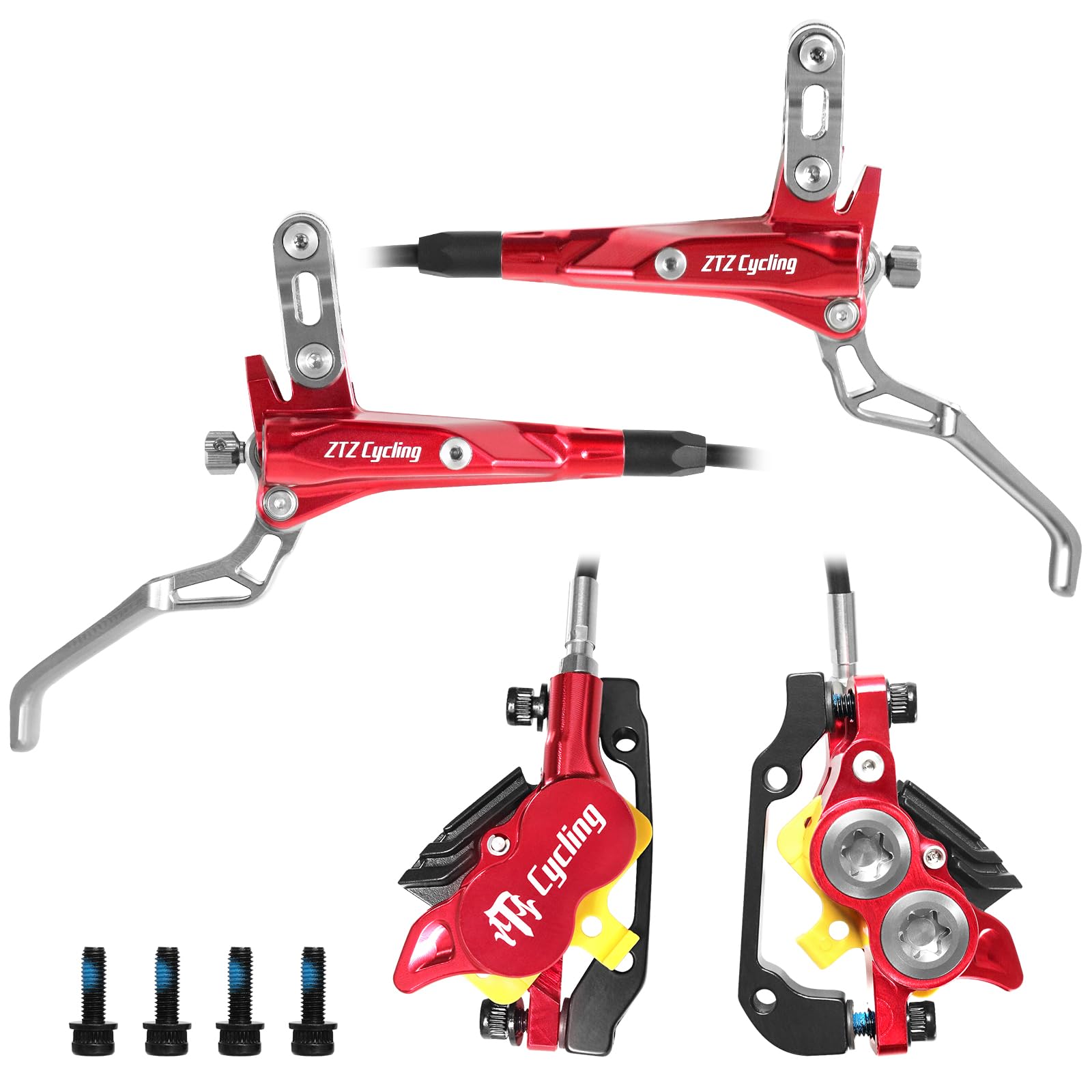 MTB Hydraulic Disc Brake Set 4 Pistons Front 850mm and Rear 1580mm Hydraulic Brakes with Aluminum Alloy Lever with Caliper Ceramic Brake Pad Fit Mountain Bike, Ebike, Fat Bike(Pre-Bled) (Red)