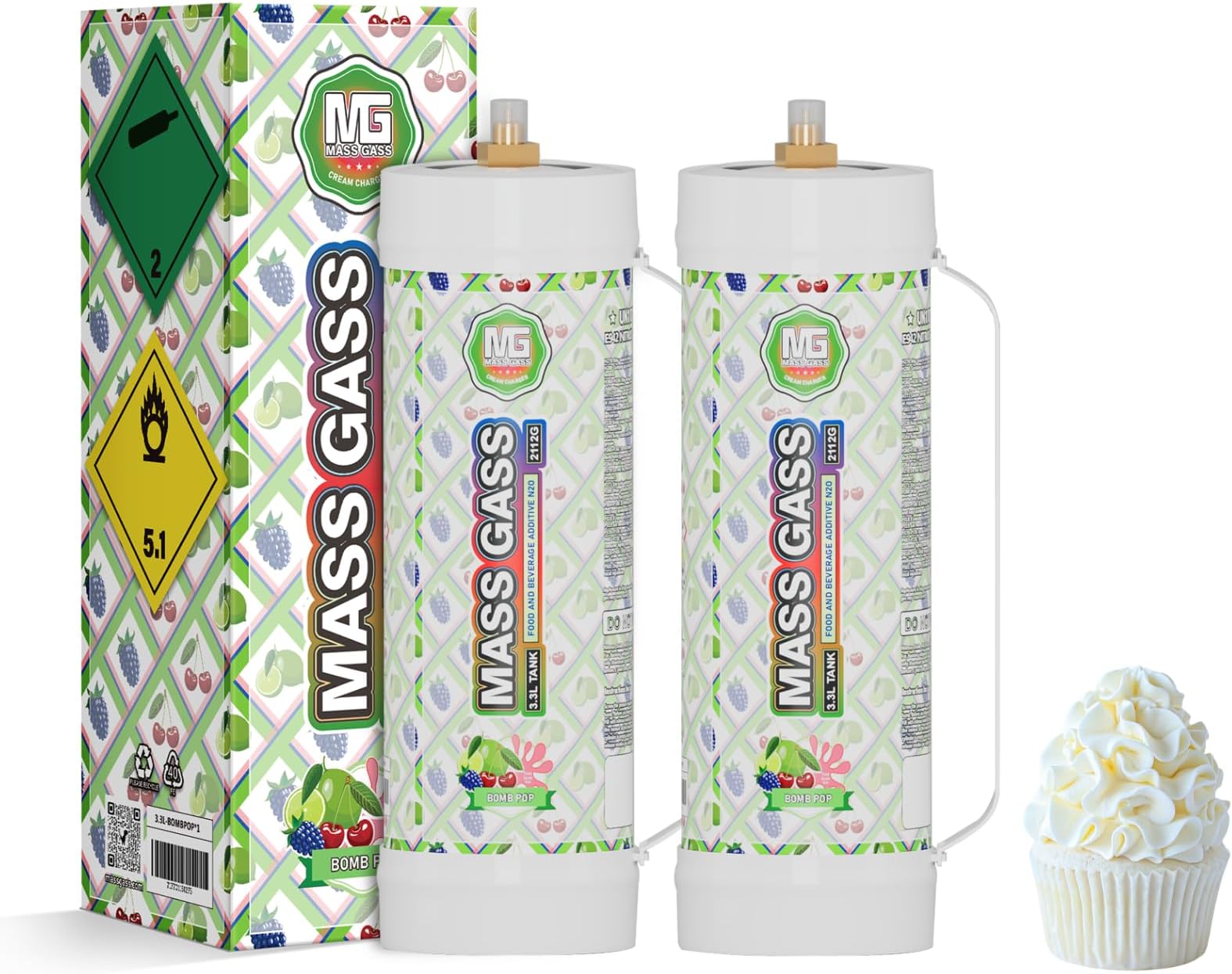 MassGass 3.3L Whipped Cream Charger 2112g×2 Cream Charger Food Grade Ideal for Home & Commercial Use(Nozzle Included) Bombpop Flavor 2-Pack
