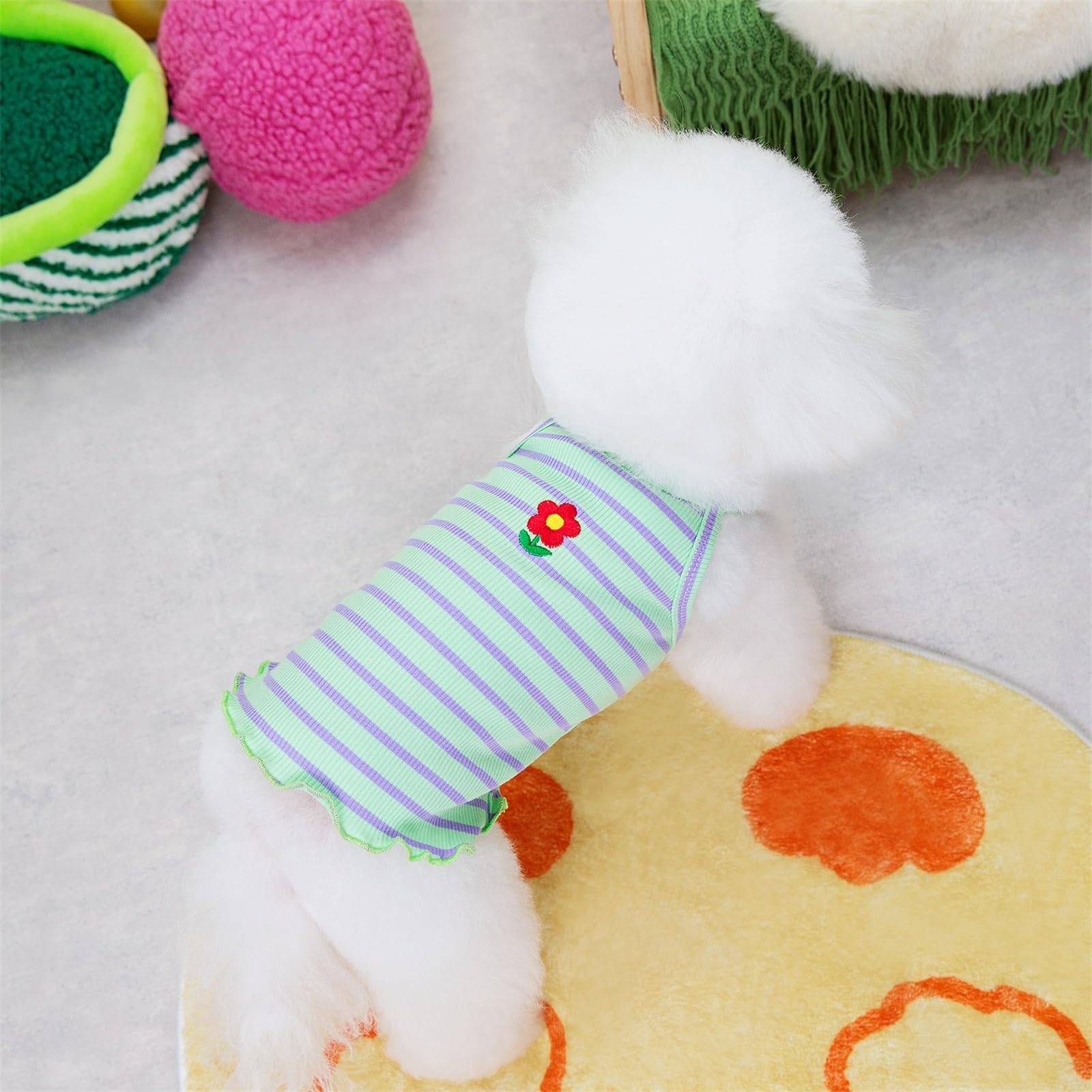Yaopelky 2 Pieces Small Medium Dogs Summer Clothes Dog Striped Shirt Cute Flower Strawberry Embroidery Vest Pet Outfit for Chihuahua Yorkie Teddy (Pink-Green - Image 4