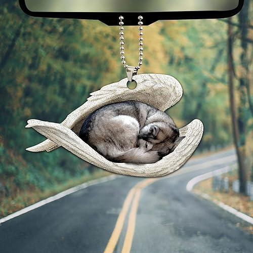 Miniatura 3 de Talataca Husky siberiano durmiendo ala de ángel conmemorativo perro 2D plano espejo retrovisor accesorios de árbol de Navidad adorno decoración