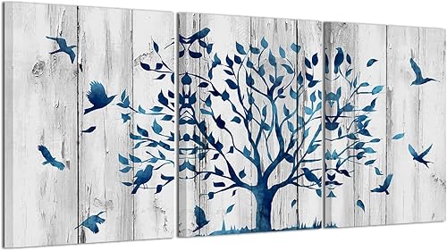 WELMECO 3 piezas rústicas de árbol azul con pájaros, textura de madera rústica, impresiones giclée, estiradas listas para colgar, para sala de
