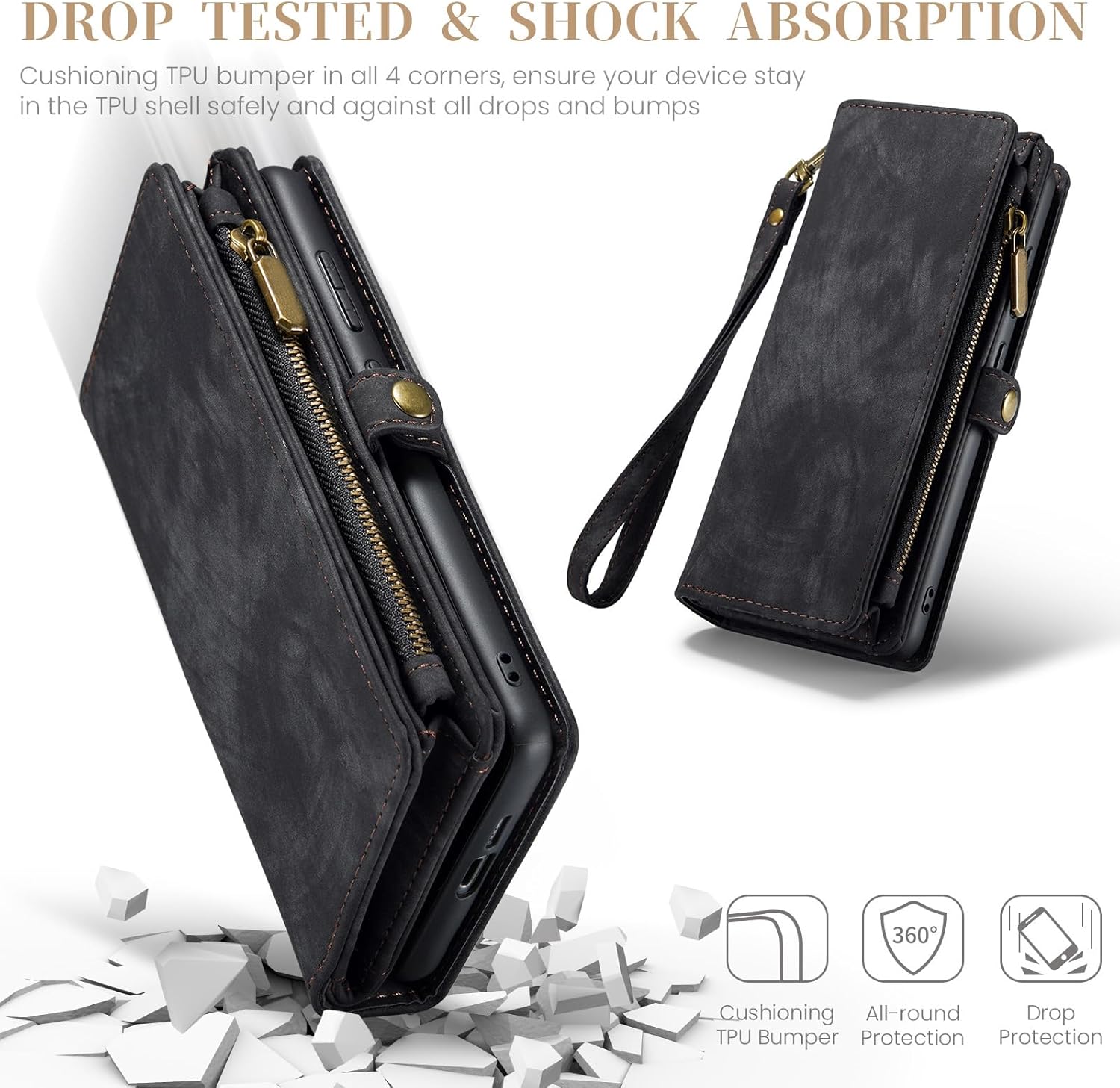 Asuwish Phone Case for Samsung Galaxy S24 5G Zipper Wallet Magnetic Detachable Cover with Tempered Glass Screen Protector and PU Leather Flip Card Holder Cell Accessories S 24 24S G5 Women Men Black