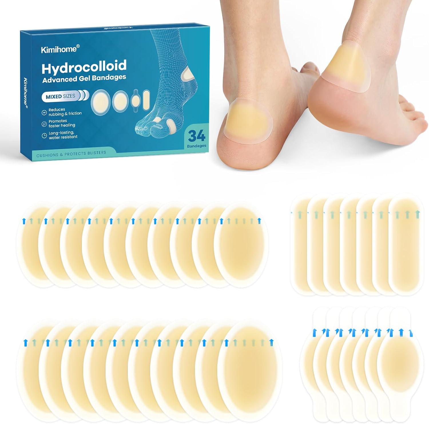Hydrocolloid Blister Bandages Pads for Feet - Kimihome 34ct Adhesive Blisters Bandages - Gel Blister Protection for Heels, Foot, Toe, Finger - Travel Essentials for Calluses,Bunion (Variety Pack)