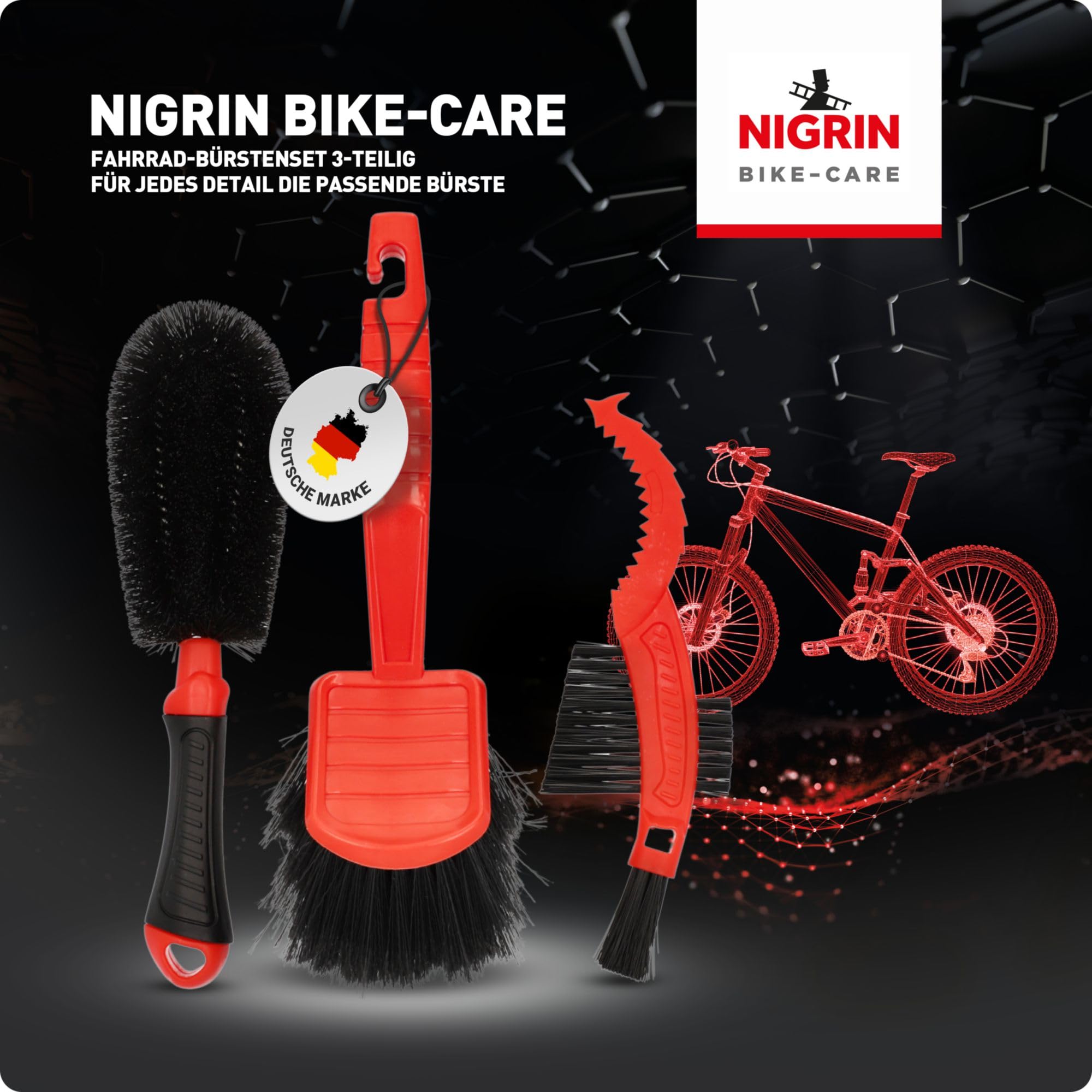 NIGRIN Bike Care zestaw szczotek do czyszczenia rowerów, duża szczotka do czyszczenia powierzchni, szczotka do felg, szprych, kół jezdnych i piast, szczotka do wieńców zębatych do zębatek