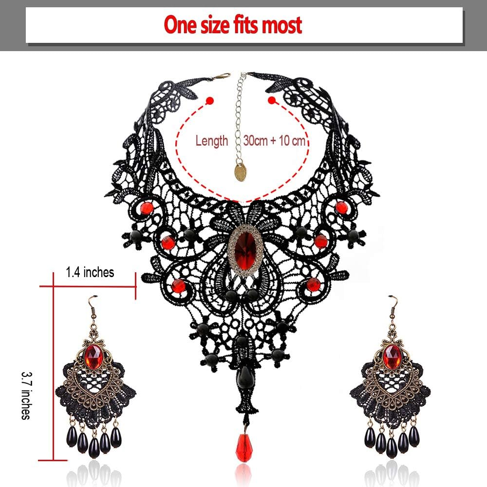 Black Lace Necklace and Earrings Set, Gothic Lolita Red Pendant Choker for a Halloween Costume and Wedding - Image 4
