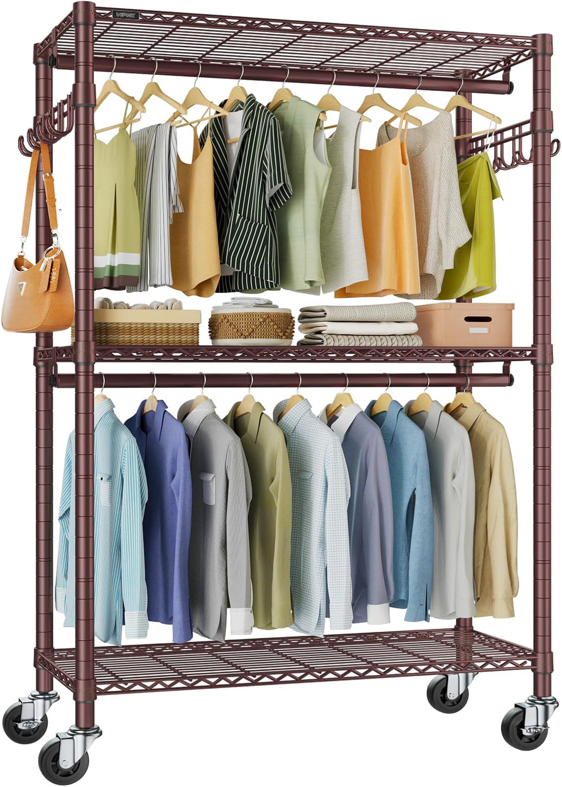 VIPEK R2 Plus Rolling Clothes Rack for Hanging Clothes Heavy Duty Clothing Rack 3 Tiers Adjustable Metal Wire Shelving Garment Racks with Side Hooks, Closet Organizers and Storage Wardrobe, Bronze