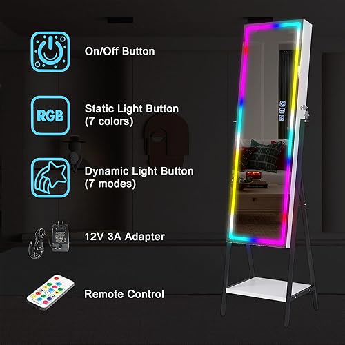Miniatura 6 de HNEBC Armario de joyería con espejo LED RGB, organizador de joyas de pie de longitud completa con almacenamiento, espejo de joyería con cerradura