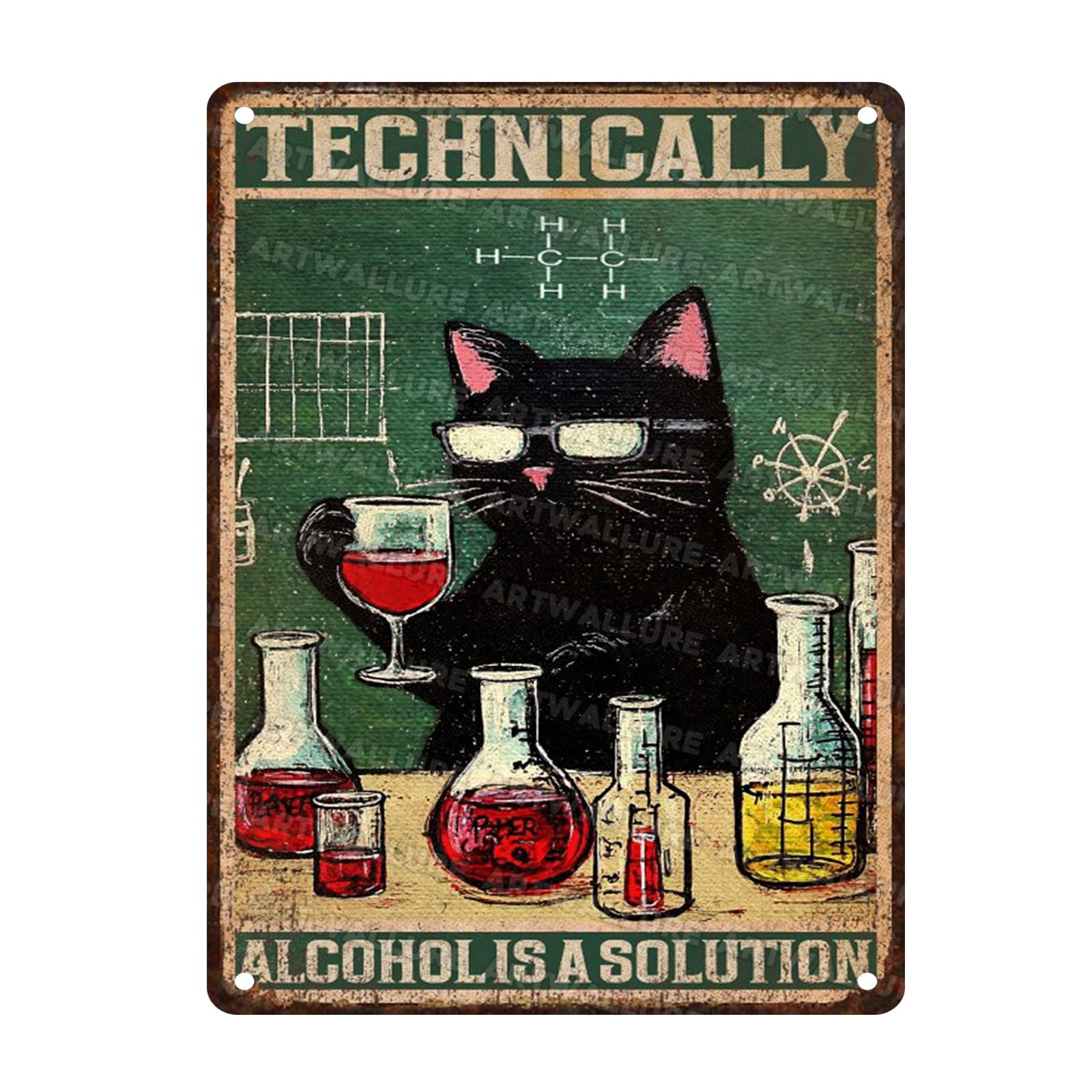 Funny Bar Signs "Technically Alcohol is a Solution" Black Cat Metal Decor for Pub Tavern & Man Cave 12x16Inch