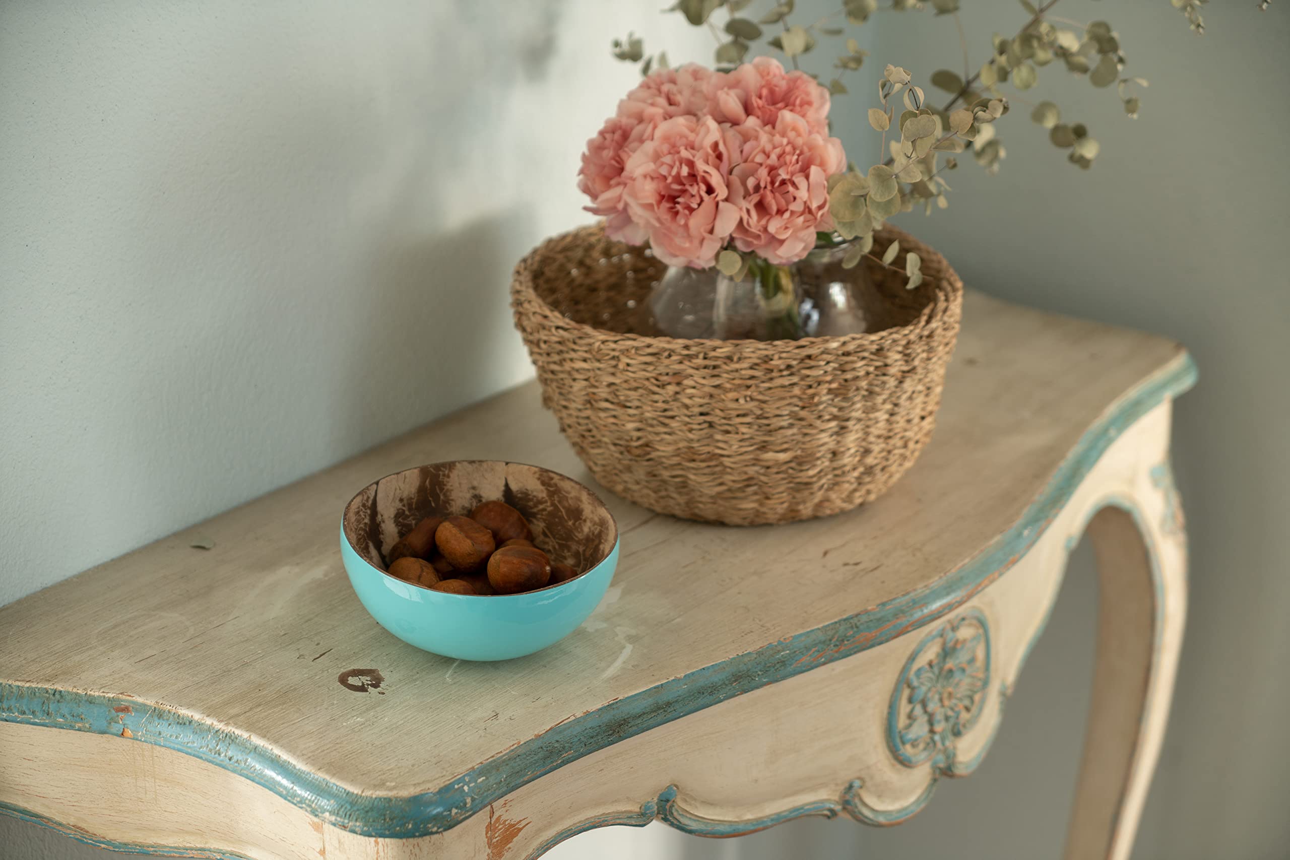 Decorasian Schalen van echte kokosnoot - kokosschaal - kokosschaal binnen gepolijst, buiten decoratief gelakt - set van 3 blauw, mint, geel