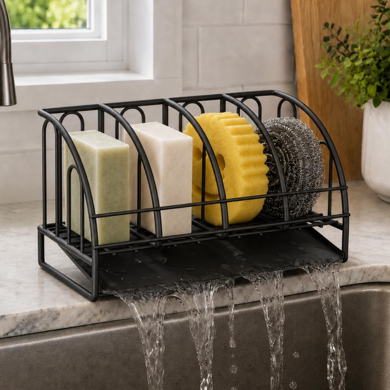 Sponge Holder for Kitchen Sink with Self Draining Soap Dish Sink Organizer