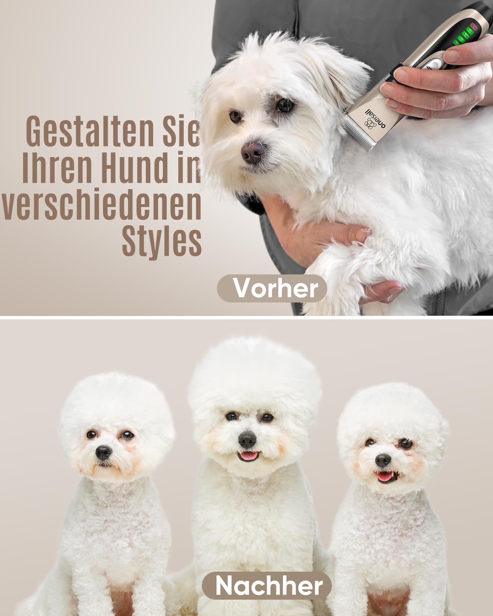 oneisall Bundle: Leise Hundeschermaschine (2000mAh, 4h Laufzeit) + 3-in-1 Profi Schermaschine für Katzen & Hunde – LCD-Anzeige Pfotentrimmer für Pfoten, Hintern, verknotetes Fell, Dingleberry & dichte