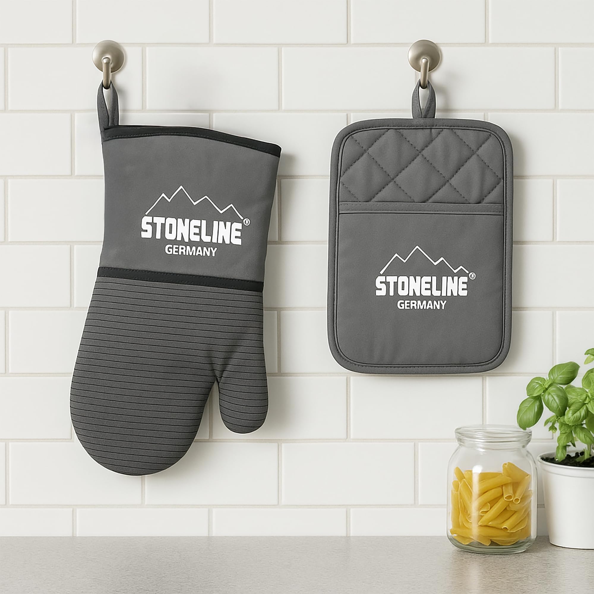 STONELINE Lot de 5 plats à gratin en verre borosilicate antiadhésif avec véritables particules de pierre carrées et ovales, gants de four en coton, lavables, antidérapants, gris