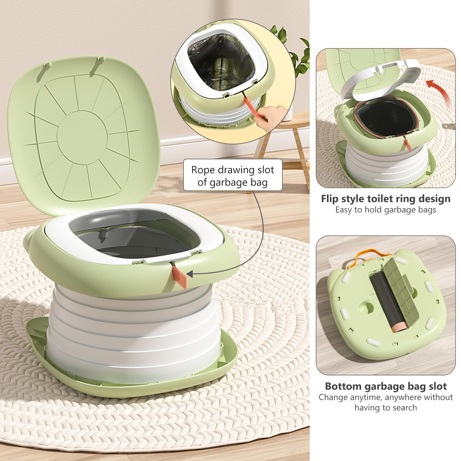 Vasino Portatile per Bambini da Viaggio, 4 in 1 Vasino per Bambini WC Pieghevole Facile da Usare Vasino da Viaggio per Bambini con Borsa Sedile Riduttore Portatile Interni ed Esterni, 15 Borsa, Verde