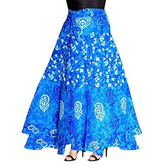 Women's Cotton Traditional Wrap Around Ethnic Flared Jaipuri Printed Long Skirt Orange