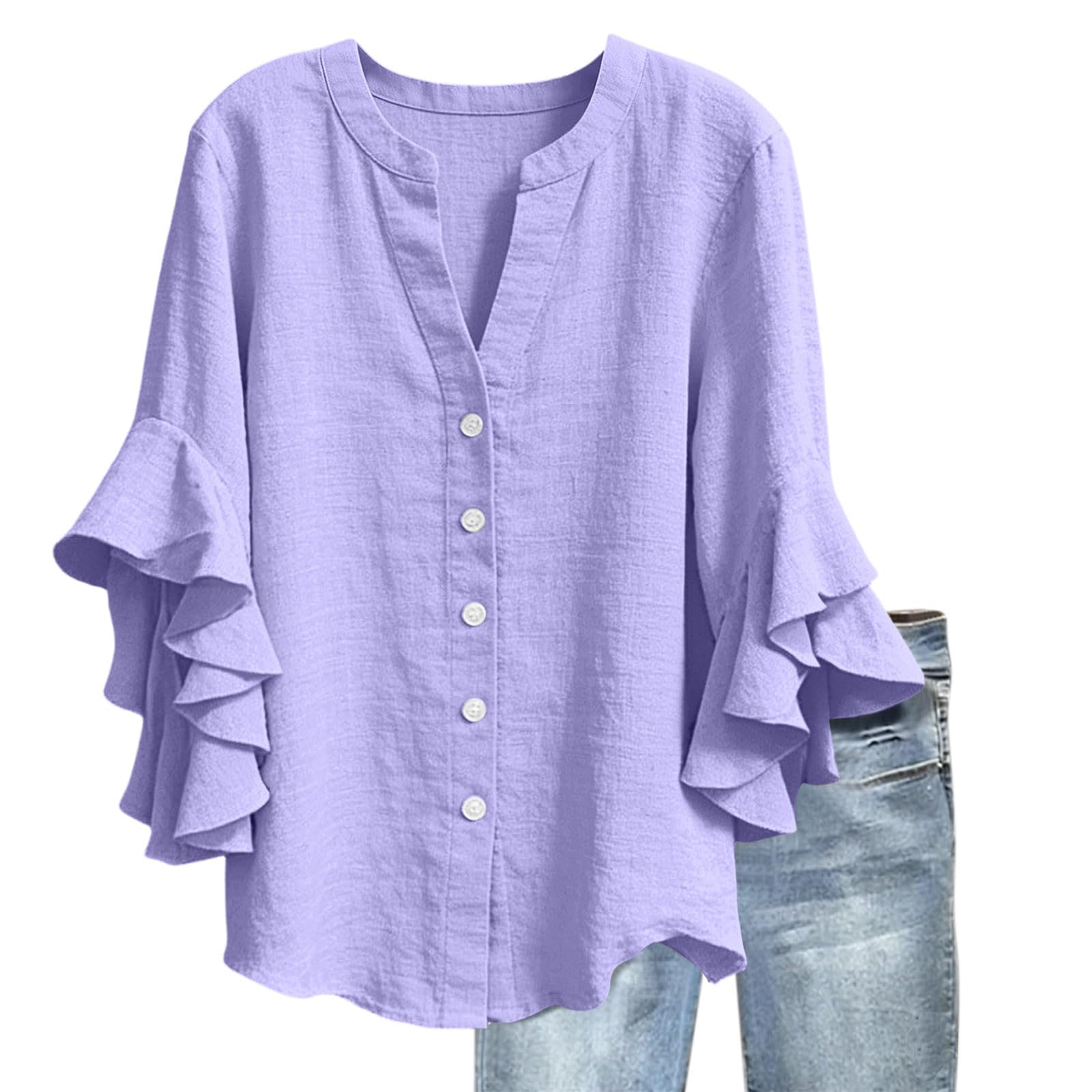 3/4 Ruffle Sleeve Cotton Linen Shirts for Women Dressy V Neck Beach Tunic Tops Elegant Summer Casual Work Blouses