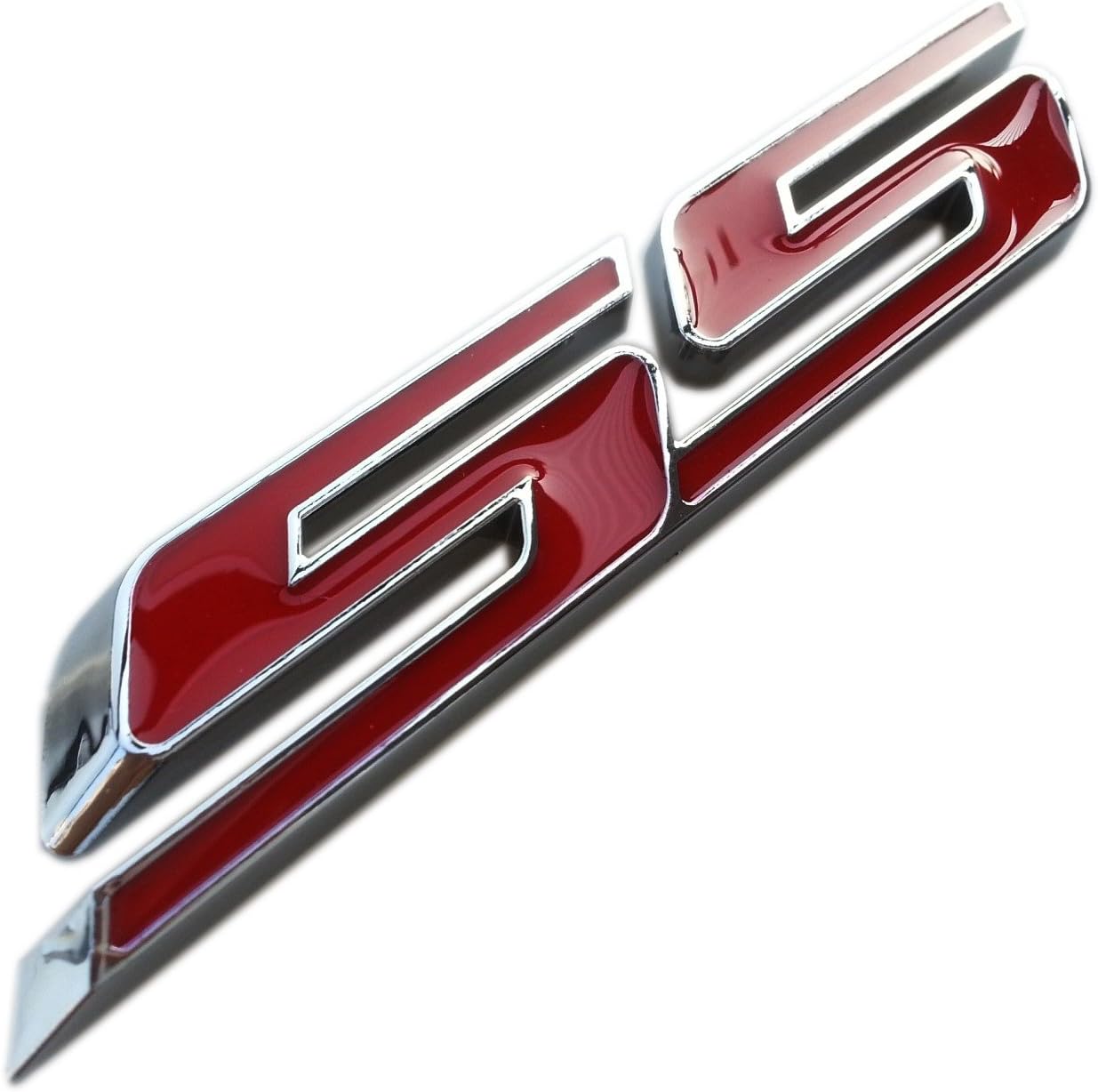 (3 Pieces) Small Slant SS Grill Side Trunk Emblem Badge Decal with Sticker for Chevrolet Chevy Camaro Impala Malibu Holden 2010-2016 [red Letter with Chrome Trim]