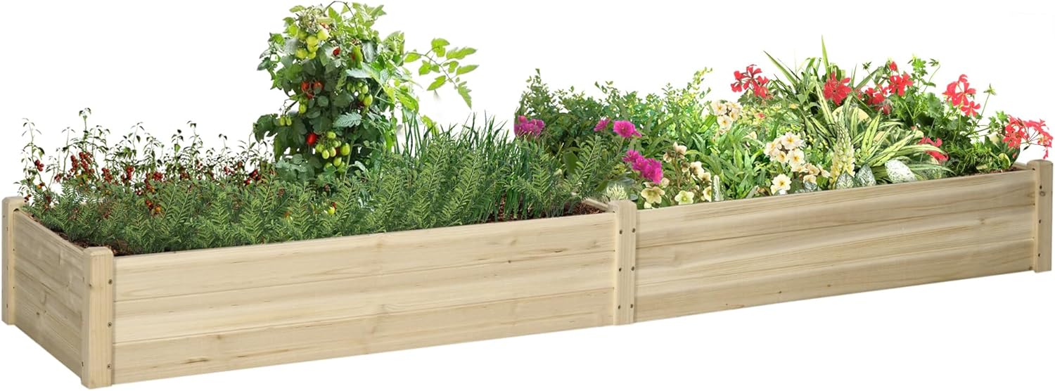 8x2ft Wooden Raised Garden Bed Kit, Elevated Planter with 2 Boxes, Self Draining Bottom and Liner, Patio to Grow Vegetables, Herbs, and Flowers, Natural