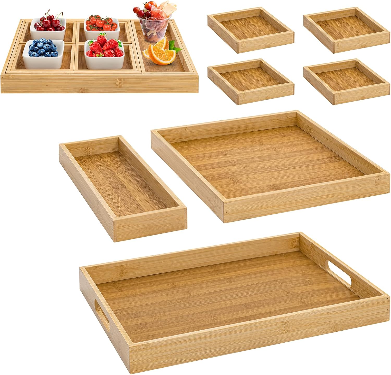 Wood Serving Trays with Handles, Set of 7 Rectangular Platters, Nesting Bamboo Tray for Breakfast in Bed, Entertaining, Couch, Party, Breakfast, Coffee Table, Home Decor