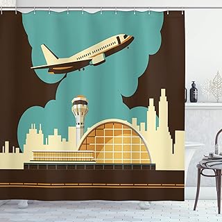 Ambesonne Airport Shower Curtain, Retro Style Image Airfield Plane and Cityscape, Cloth Fabric Bathroom Decor Set with Hooks, 69" W x 70" L, Dark Brown Cadet Blue Pale Yellow Pale Orange