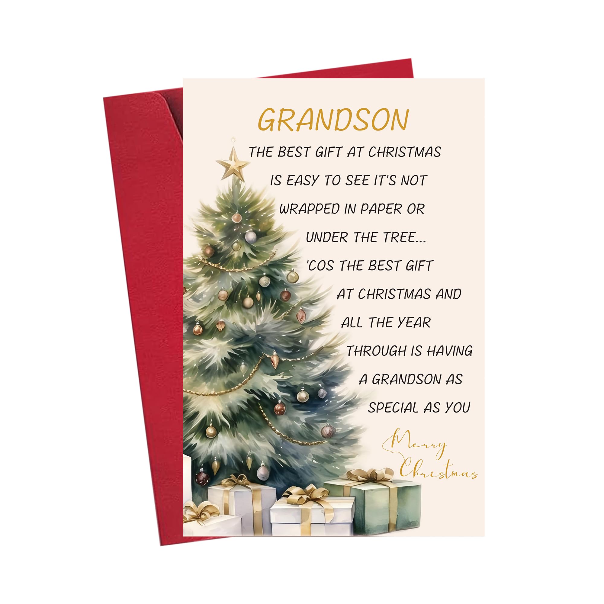 FSSDAS Merry Christmas Gifts Card for Grandson with Envelope, Christmas Tree Christmas Holiday Card, Great Xmas Birthday Gifts from Grandma Grandpa