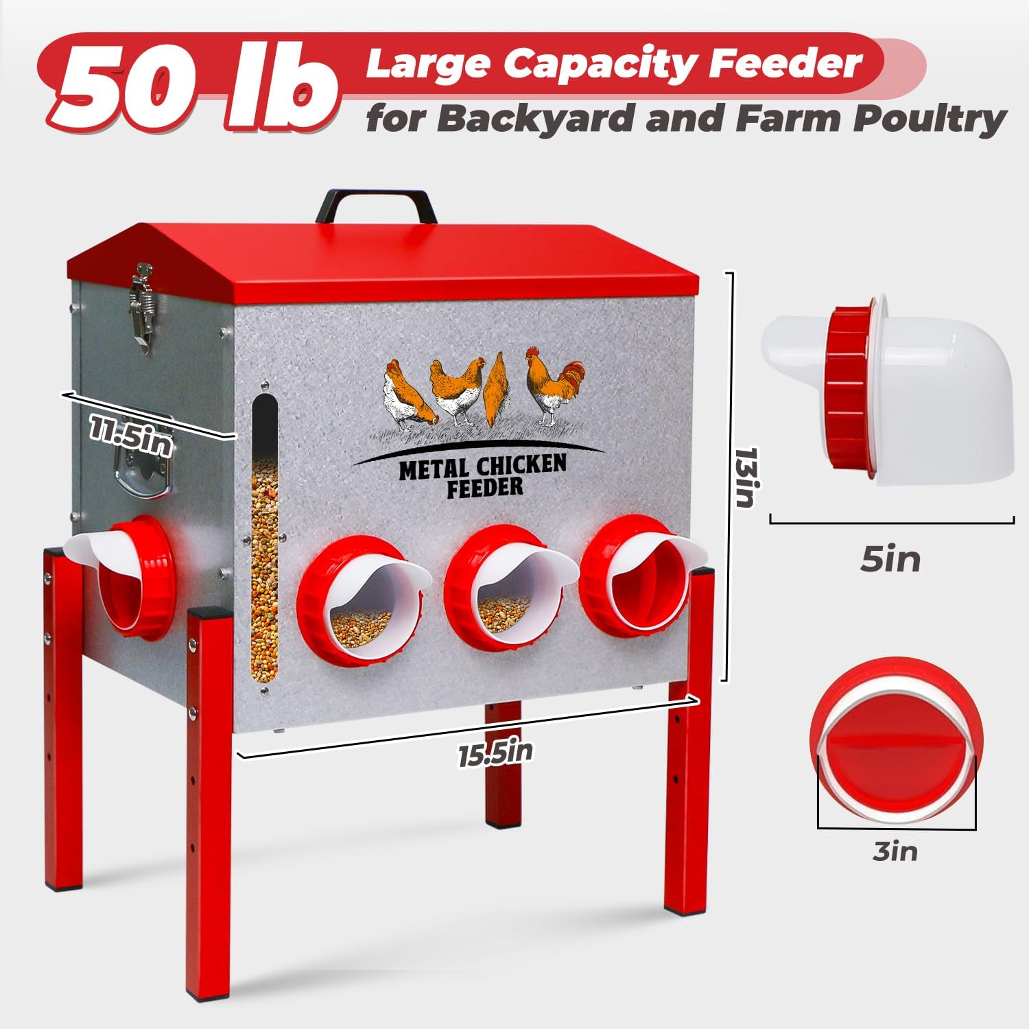 Automatic Chicken Feeder 50LBS Large Capacity, 8 Anti-Waste Ports Metal Poultry Feeder with Height Adjustable Stand, Waterproof Rodent Proof Feed Box with Lid Viewing Window for Hens Ducks Geese