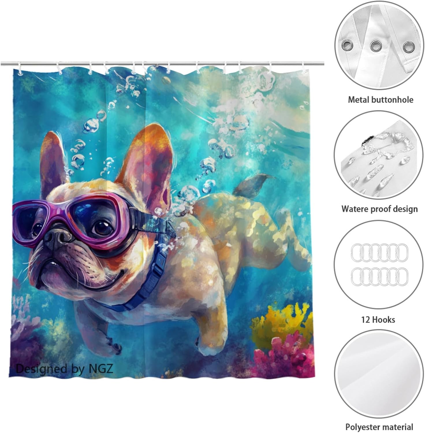 NGZ Blue French Bulldog Shower Curtain, Cute Animal Diving Painting Decorative Bath Curtain, 72 x 72 Inch Fabric Waterproof Bathroom Curtain with 12 Hooks