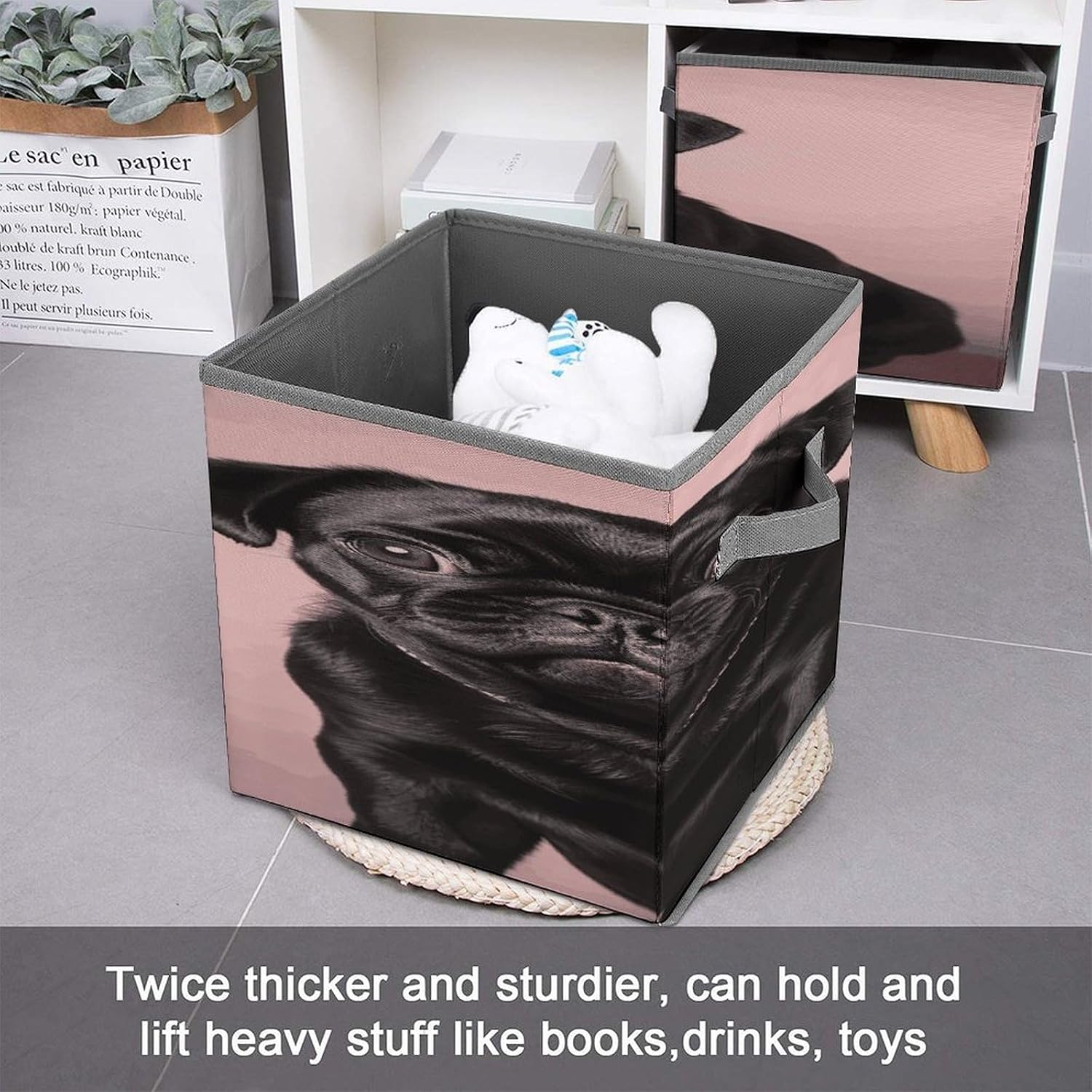 Cute Black Pug Fabric Bins Storage Basket Square Baskets | Storage Bin with Double Handles,Cube Collapsible Organizers for Organization,Closet,Shelves,Offices
